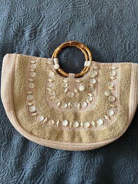 Beige Straw Tote with Bamboo Handles and Shell Trim